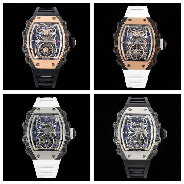 

21-01 montre de luxe mens watches 51x43x15mm manual chain tourbillon movement rose gold case rubber strap luxury watch wristwatches, Slivery;brown
