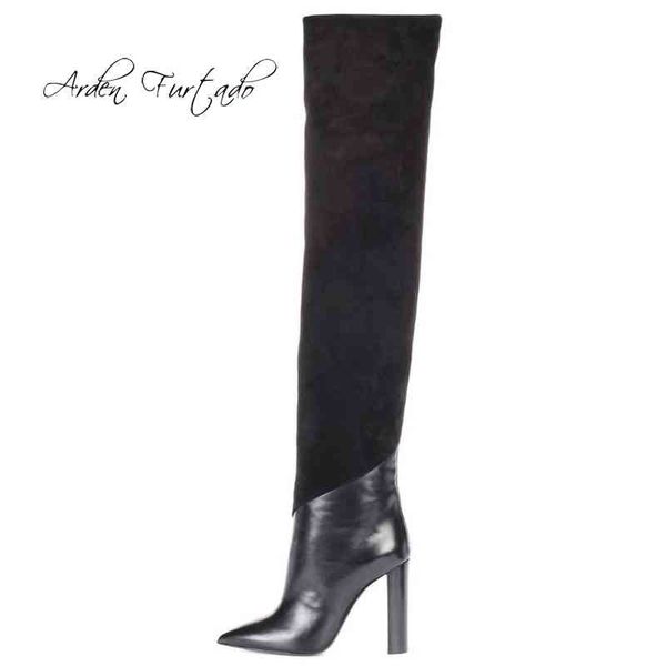 

boots arden furtado fashion women's shoes winter pointed toe chunky heels elegant ladies over the knee high 220906, Black