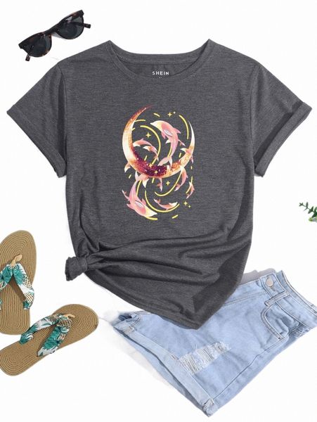 

women's t-shirt koi and moon print tee 2022 new e2x5#, White