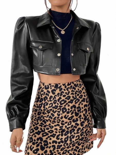 

women's jackets flap pockets puff sleeve crop pu jacket t9xq#, Black;brown