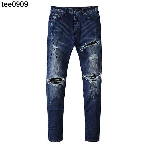 

jeans trendy men's elastic denim leggings motorcycle hole black jeans men, Blue