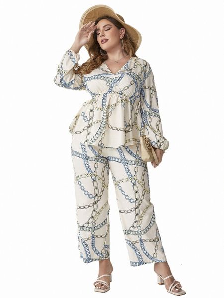 

plus size dresses plus chain print peplum blouse & wide leg pants g0ej#, Black