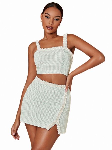 

two piece dress plaid pattern frayed trim crop tweed cami & split hem skirt m0sl#, White