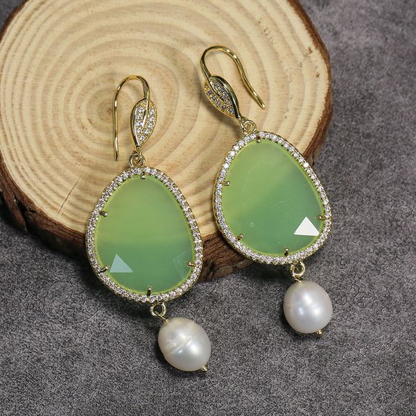 

natural green cat eye white rice pearl gold plated cz hook dangle earrings cute style for girls women gifts, Silver