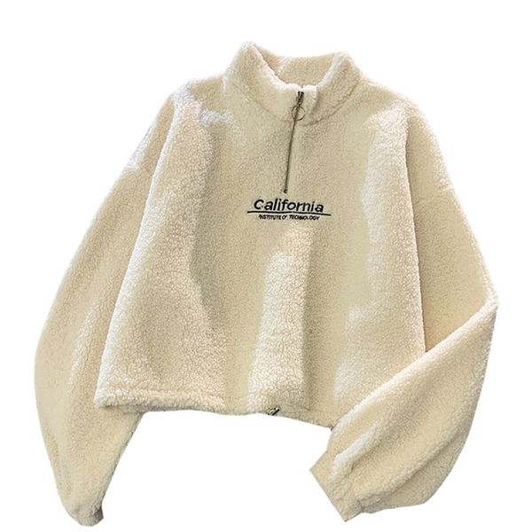 

women s hoodies sweatshirts cashmere short high collar women thicken loose korean autumn zipper coat embroider california letters sweatshirt, Black