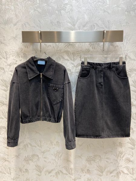 

fashion denim two piece dress long sleeve jacket design with high waist solid skirt street wear outfit, White