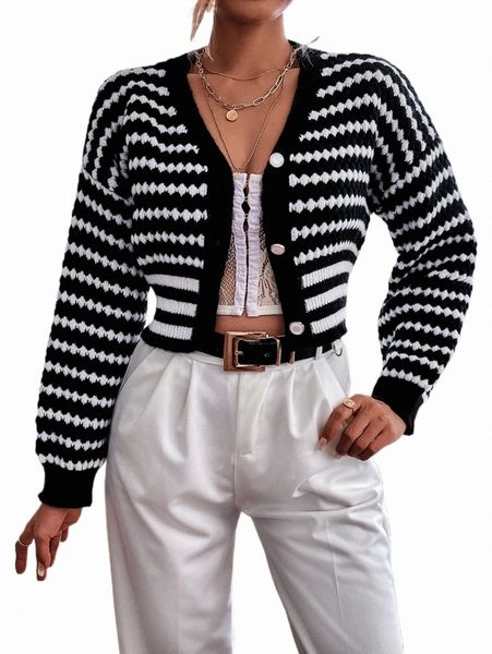 

women's sweaters striped pattern drop shoulder crop cardigan b0fi#, White;black