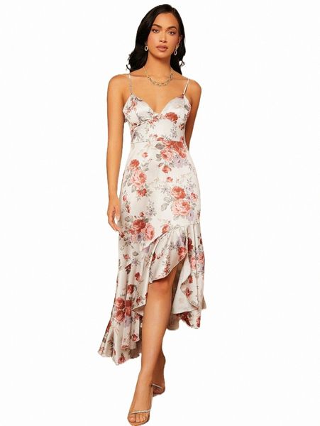 

casual dresses floral print ruffle hem cami satin dress g0j4#, Black;gray
