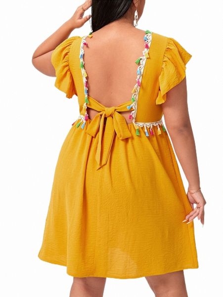 

plus size dresses plus tassel trim tie back a-line dress u1lt#, Black