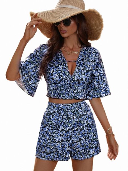 

two piece dress ditsy floral shirred flutter sleeve & shorts c8ye#, White
