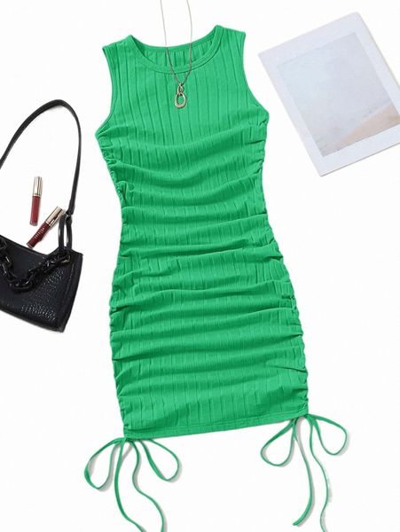 

casual dresses ruched drawstring side bodycon dress 21gh#, Black;gray