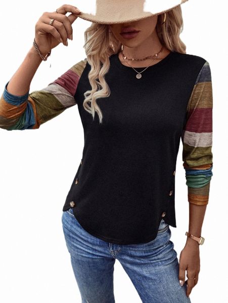 

women's t-shirt button detail colorblock sleeve tee 04oe#, White