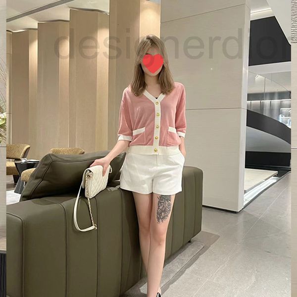 

women's knits & tees designer summer v-neck stitching contrast color sweater short sleeve thin section time simple loose pocket single, White