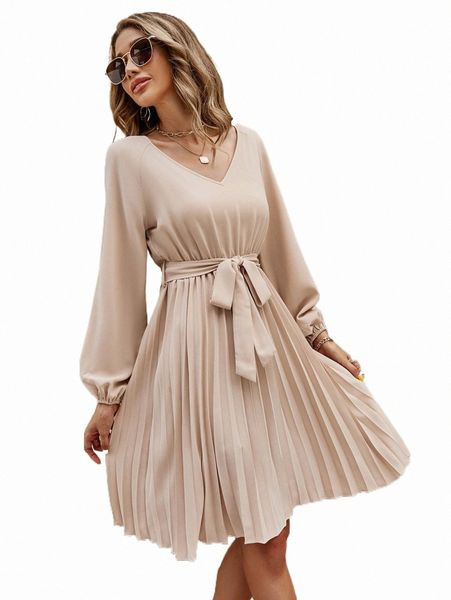

casual dresses lantern sleeve pleated hem belted dress 12jd#, Black;gray