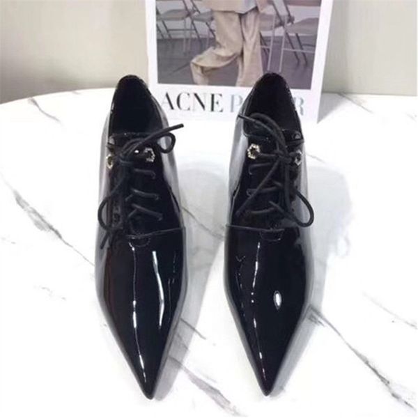 

ladies ankle boots small pointed toe low lace up high heel boot shiny leather fashion boots, Black
