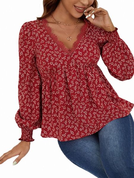 

women's blouses & shirts floral & polka dot print lace trim blouse q4y1#, White