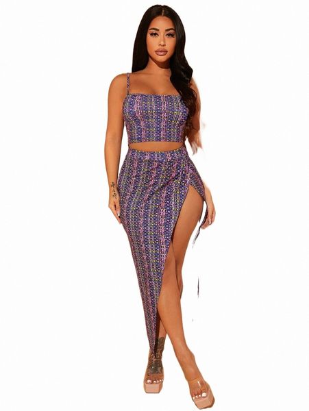 

two piece dress sxy allover print cami & split thigh skirt set u0h0#, White