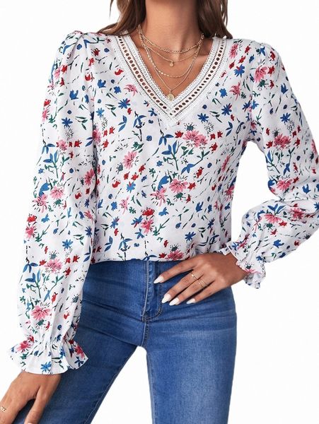 

women's blouses & shirts floral print guipure lace insert flounce sleeve blouse i7am#, White