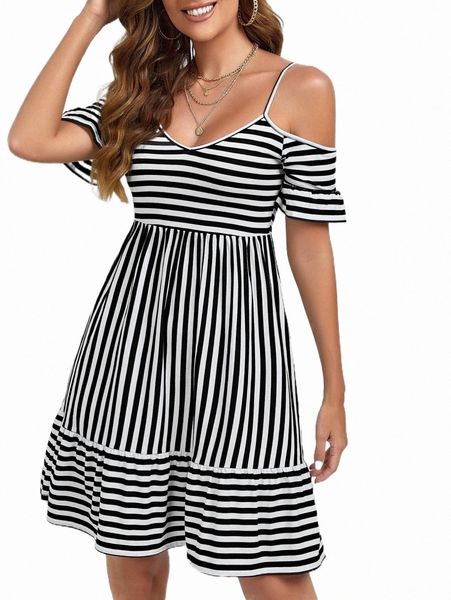 

casual dresses striped cold shoulder dress 2022 new u9ai#, Black;gray