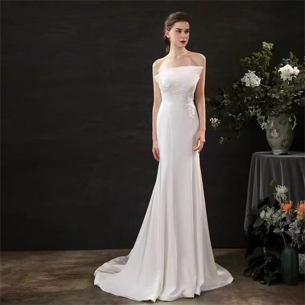 

new wedding dress satin hand-beaded white light skirt waist small trailing ld5015