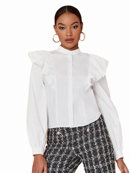 

women's blouses & shirts solid ruffle trim shirt b5vh#, White