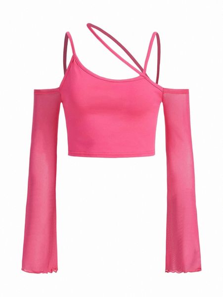 

women's t-shirt asymmetric neck flounce sleeve crop tee e48z#, White