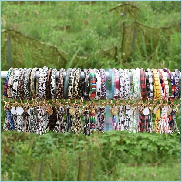 

key rings leather key ring chain bracelet for women fashion sunflower leopard tassel pendant keychains circle wristlet bang newdhdh25v, Slivery;golden