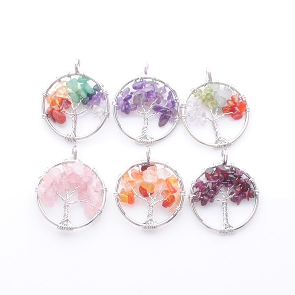 

natural chips stone pendants round beads tree of life handmade wire silver wrapped chakra reiki bn388