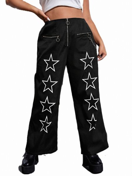 

plus size pants plus geo print zipper fly pants with chain t0y0#, Black