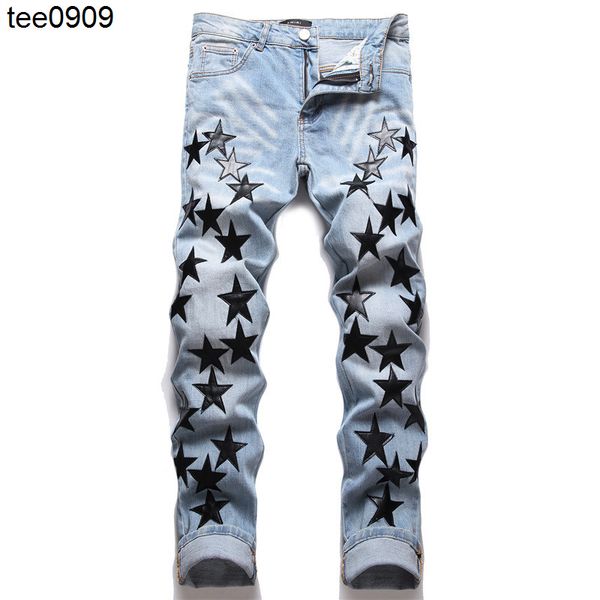 

embroidered jeans men's five pointed star cat whisker worn hole jeans pants, Blue