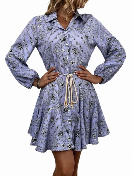 

casual dresses allover print ruffle hem belted shirt dress x2uy#, Black;gray