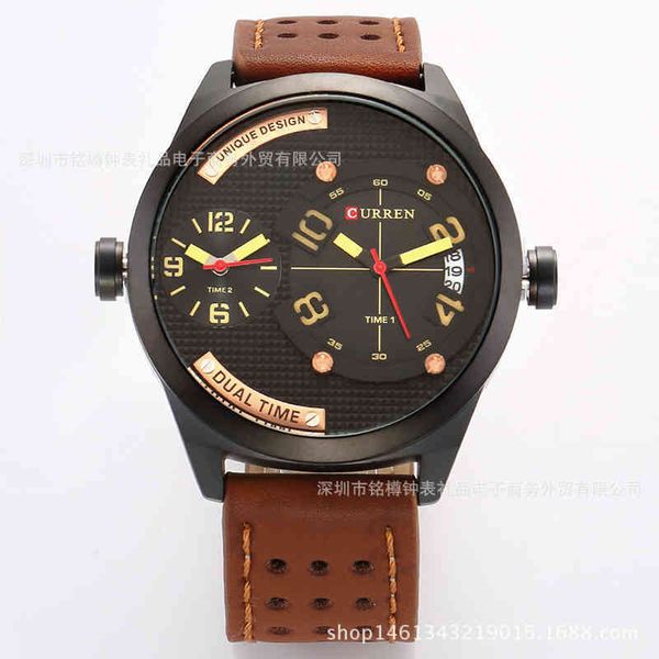 

wristwatches 8252 men's calendar watch double movement quartz waterproof belt 220907, Slivery;brown