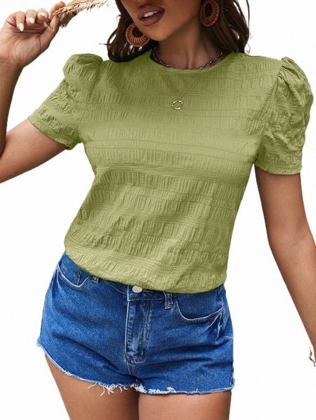 

women's blouses & shirts textured solid puff sleeve blouse 58be#, White