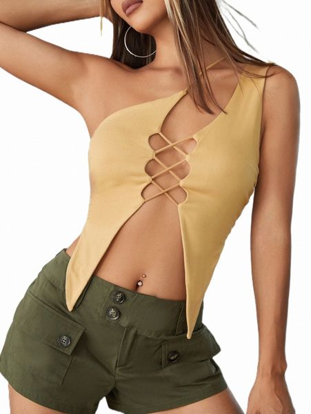 

women's t-shirt one shoulder lace up asymmetrical hem n2wv#, White