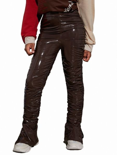 

others apparel girls ruched side pu leather stacked pants s9xw#, Black;white