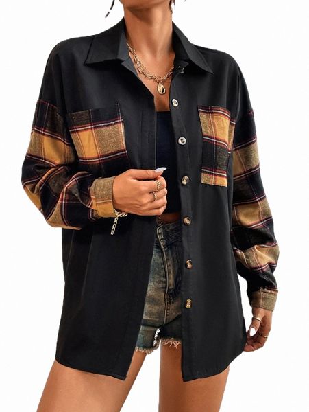 

women's down & parkas plaid patched pocket drop shoulder coat m3rz#, Black