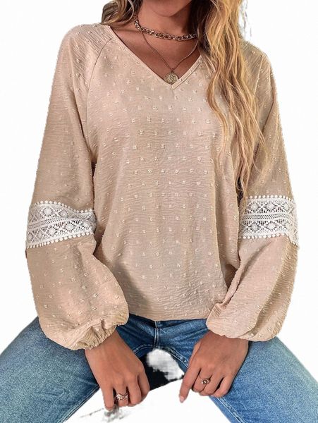 

women's blouses & shirts swiss dot contrast guipure lace lantern sleeve blouse j206#, White