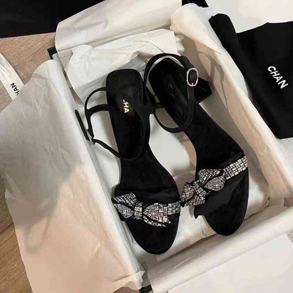 

fragrant sandals small geomantic diamond bowknot one line band sandals women open toe thick heel high heels, Black