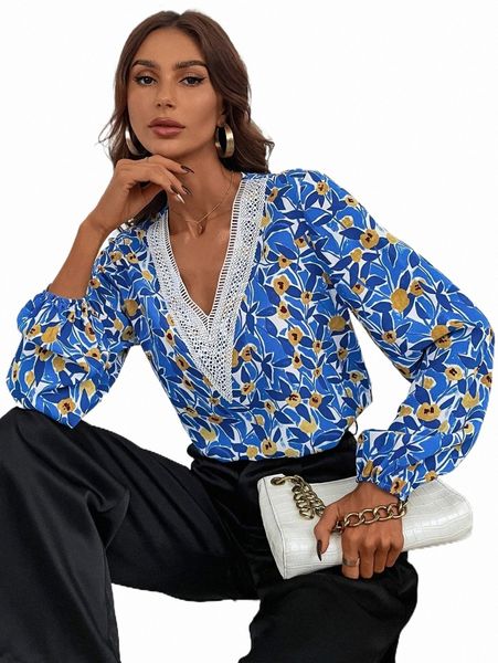 

women's blouses & shirts floral print lace trim blouse t67u#, White