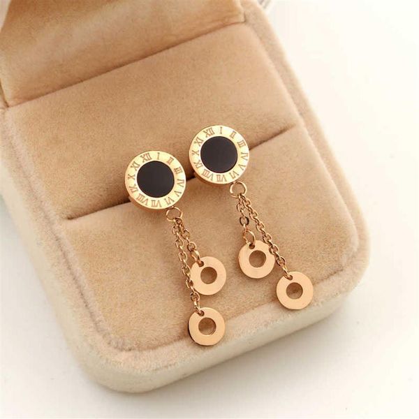 

fashion stud influx of people titanium steel anti-allergic tassel earrings roman digital shell black and white hanging double circle3005, Golden;silver
