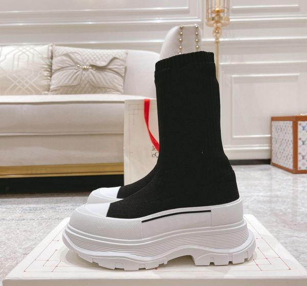 

woman boots knitted sock boots women's thick-soled short tube breathable plus size 45 martin boots platform booties heels, Black