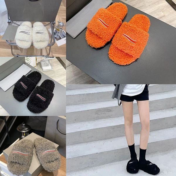 

2022 sell classic design wool slides slippers luxury designers winter fur fluffy furry warm letters sandals furry thick sole thermal slipper, Black