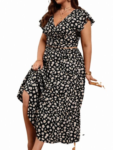 

plus size dresses plus ditsy floral print & ruffle hem skirt 51nd#, Black