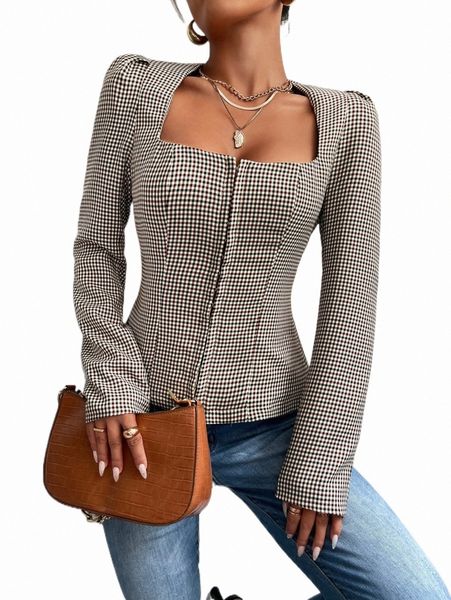 

women's jackets gingham square neck puff sleeve jacket p6vp#, Black;brown
