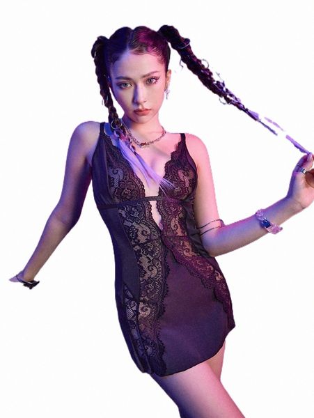

women's sleepwear romwe cyber luvr contrast lace cut out babydoll 44u8#, Black;red