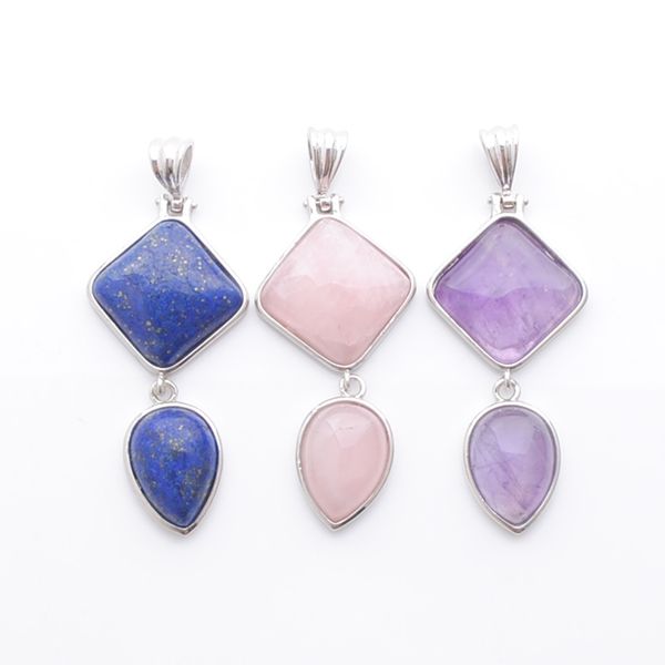 

9 colors natural stone pendants pendulum square teardrop beads rose quartzs crystal turquoises opal bn386, Silver