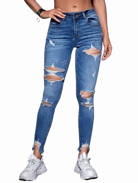 

women's jeans cut out ripped raw hem skinny jeans d6xg#, Blue