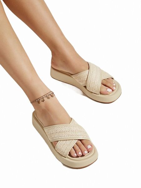 

others apparel straw cross strap flatform slide sandals m14g#, Black;white