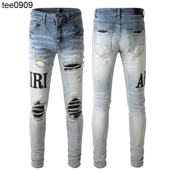 

jeans brand hole patch embroidered letters elastic slim fit leggings, Blue