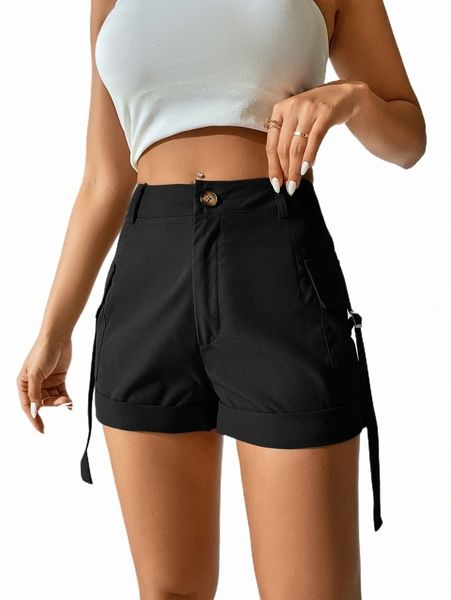 

women's shorts petite buckle tape flap pockets shorts k9i6#, White;black